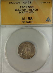 1901 Belgium 50C Coin Leopold II ANACS AU-58 Silver: 1901 Belgium 50C Coin Leopold II ANACS AU-58 Silver This 1901 Belgium 50 Cents coin features the reign of King Leopold II, crafted in silver with a fineness of 0.835. The coin is categorized as circul