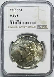 1926 S Peace Dollar NGC MS62 Uncirculated Silver Coin: 1926 S Peace Dollar NGC MS62 Uncirculated Silver Coin This 1926 S Peace Dollar is a remarkable piece that showcases the artistry and craftsmanship of its era. Certified by NGC with a grade of MS 62, t