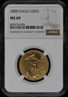 2000 Eagle G$25 Coin NGC MS69 Certified 8295776005: 2000 Eagle G$25 Coin NGC MS69 Certified 8295776005 This 2000 Eagle G$25 coin is certified by NGC with a high grade of MS69, indicating its excellent condition. The coin is a remarkable collectible for