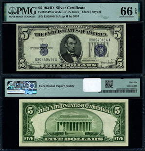1934-D $5 Silver Certificate U-A Block PMG CU66 EPQ Gem: 1934-D $5 Silver Certificate U-A Block PMG CU66 EPQ Gem This 1934-D $5 Silver Certificate is graded CU66 EPQ Gem by PMG, ensuring its exceptional quality and uncirculated condition. The note features