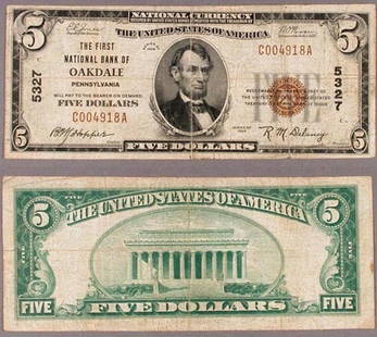 1929 T-1 $5 National Bank Note Oakdale PA Fine Circulated: 1929 T-1 $5 National Bank Note Oakdale PA Fine Circulated This $5 National Bank Note from Oakdale, PA, issued in 1929 (Type T-1), is a fine example of early American currency. It has been circulated a