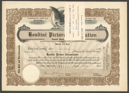 Harry Houdini Signed 1922 Stock Certificate with Beckett COA 8.25x11.65: Harry Houdini Signed 1922 Stock Certificate with Beckett COA 8.25x11.65 This is an original autographed stock certificate from the Houdini Picture Corporation, dated April 26, 1922. Measuring 8.25x11.