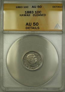 1883 Hawaii 10 Cents Silver Coin ANACS AU 50 Details: 1883 Hawaii 10 Cents Silver Coin ANACS AU 50 Details This 1883 Hawaii 10 Cents Silver Coin is a remarkable piece of numismatic history. Certified by ANACS with a grade of AU 50 Details, it features a