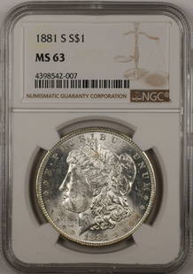 1881-S NGC MS-63 Morgan Silver Dollar Coin Uncirculated: 1881-S NGC MS-63 Morgan Silver Dollar Coin Uncirculated This 1881-S Morgan Silver Dollar Coin, certified by NGC with a grade of MS-63, is an uncirculated piece from the San Francisco mint. Known for i