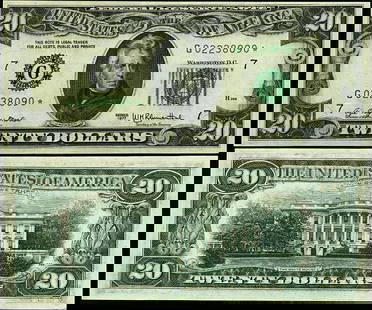 1977 $20 Federal Reserve Note Chicago G-* Block Choice Uncirculated: 1977 $20 Federal Reserve Note Chicago G-* Block Choice Uncirculated This 1977 Federal Reserve Note is a $20 denomination featuring the Chicago G-* Block. It is in Choice Uncirculated (CU) condition, m