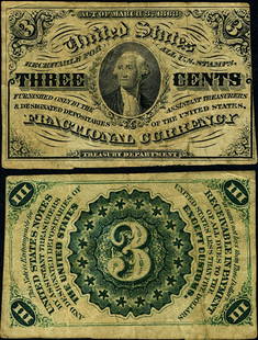 3 Cent 3rd Issue Fractional Note Dark Background Circulated: 3 Cent 3rd Issue Fractional Note Dark Background Circulated This 3-cent fractional note is part of the 3rd Issue series, featuring a dark background and graded as VF+ (Very Fine Plus). The note has be