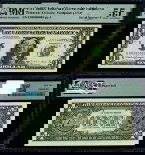 1988-A Federal Reserve Note $1 Serial #1 PMG AU55: 1988-A Federal Reserve Note $1 Serial #1 PMG AU55 This is a 1988-A Federal Reserve Note with the unique Serial #1 (E00000001B). Graded as AU55 by PMG, this note is in circulated condition and certifie