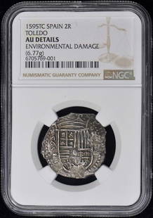 1595TC Spain Toledo 2 Reales Coin NGC AU Details: 1595TC Spain Toledo 2 Reales Coin NGC AU Details This 1595TC Toledo 2 Reales coin from Spain is graded AU Details by NGC, indicating it retains much of its original luster despite noted environmental