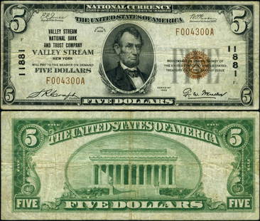 1929 T-1 $5 National Bank Note Valley Stream NY Ch #11881: 1929 T-1 $5 National Bank Note Valley Stream NY Ch #11881 This $5 National Bank Note, issued in 1929 by the Valley Stream NY National Bank, is a unique piece of currency history. It is classified as a