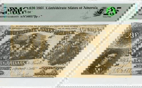 1861 $20 Confederate States PMG VF25 Note GCC Green: 1861 $20 Confederate States PMG VF25 Note GCC Green This 1861 $20 note from the Confederate States of America is graded PMG VF25, indicating its very fine condition. It has been circulated and is a no
