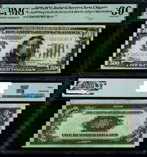 1934 $500 Federal Reserve Note Chicago G-A Block PMG VF30: 1934 $500 Federal Reserve Note Chicago G-A Block PMG VF30 This 1934 Federal Reserve Note features a denomination of $500 and originates from the Chicago district, marked with the G-A block. It has bee