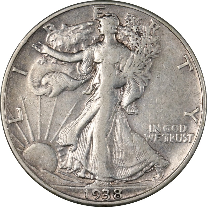 1938-D Walking Liberty Half Silver Coin Circulated Denver Mint: 1938-D Walking Liberty Half Silver Coin Circulated Denver Mint This 1938-D Walking Liberty Half showcases a classic design, representing a significant piece of American numismatic history. Minted in D