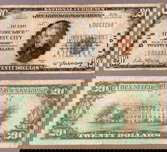 1929 T-1 $20 National Bank Note Forest City PA Ch #5518 Very Fine: 1929 T-1 $20 National Bank Note Forest City PA Ch #5518 Very Fine This 1929 T-1 National Bank Note is a $20 denomination from Forest City, PA, featuring the charter number 5518. The note is in Very Fi