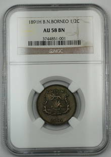 1891-H British North Borneo 1/2C Coin NGC AU-58 Copper: 1891-H British North Borneo 1/2C Coin NGC AU-58 Copper This 1891-H British North Borneo Half Cent is a notable collectible coin, showcasing the historical significance of Malaysia's numismatic heritag