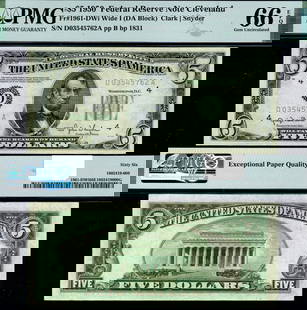 1950 $5 Federal Reserve Note Cleveland D-A Block PMG CU66 EPQ Gem: 1950 $5 Federal Reserve Note Cleveland D-A Block PMG CU66 EPQ Gem This 1950 Federal Reserve Note, featuring the Cleveland D-A Block, is a remarkable collectible for enthusiasts. Graded CU66 EPQ Gem by
