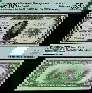 1929 $20 National Bank Note Stoneboro PA PMG AU55 EPQ: 1929 $20 National Bank Note Stoneboro PA PMG AU55 EPQ This 1929 Type 1 National Bank Note from Stoneboro, PA, is a highly collectible piece with a denomination of $20. Graded AU55 EPQ by PMG, it showc