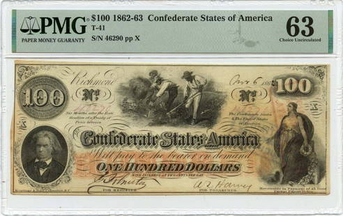 1862-63 $100 Confederate T-41 PMG MS63 Uncirculated Note: 1862-63 $100 Confederate T-41 PMG MS63 Uncirculated Note This is a $100 Confederate States of America note from the year 1862-63, designated as T-41. This note is certified by PMG with a grade of MS63