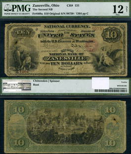 1865 $10 Zanesville National Bank Note PMG Fine12 NET Rare: 1865 $10 Zanesville National Bank Note PMG Fine12 NET Rare This 1865 National Bank Note from the Second National Bank of Zanesville, Ohio, features a denomination of $10. Certified by PMG with a grade