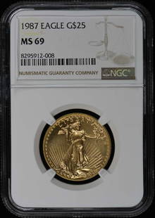 1987 Eagle G$25 Coin NGC MS69 Certified Authentic: 1987 Eagle G$25 Coin NGC MS69 Certified Authentic This 1987 Eagle G$25 coin, certified by NGC with a grade of MS69, is a remarkable piece for collectors. The coin is in pre-owned condition and feature
