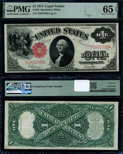 1917 $1 Legal Tender Note PMG CU65 EPQ Gem Certification: 1917 $1 Legal Tender Note PMG CU65 EPQ Gem Certification This 1917 $1 Legal Tender note is graded CU65 EPQ Gem by PMG, ensuring its high quality and exceptional condition. As an uncirculated piece, it