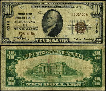 1929 T-1 $10 National Bank Note Central United Cleveland Ohio VG: 1929 T-1 $10 National Bank Note Central United Cleveland Ohio VG This 1929 T-1 National Bank Note from Central United National Bank of Cleveland, Ohio, features a denomination of $10. It is classified