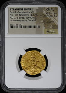 Basil II Constantine VIII Byzantine Coin 4.39g NGC Ch AU: Basil II Constantine VIII Byzantine Coin 4.39g NGC Ch AU This Byzantine coin features the emperors Basil II and Constantine VIII, showcasing a rich historical significance. Certified by NGC with a cer