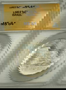1963 Israel 5 Lirot Silver Coin ANACS MS 64 Uncirculated: 1963 Israel 5 Lirot Silver Coin ANACS MS 64 Uncirculated This 1963 Israel 5 Lirot Silver Coin is certified by ANACS with a grade of MS 64, indicating its uncirculated condition. This coin is a valuabl