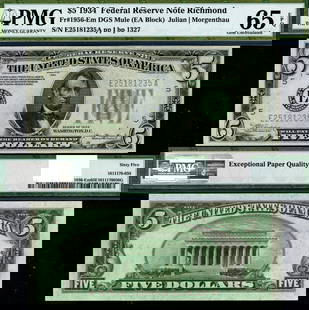1934 $5 Federal Reserve Note Mule E-A Block PMG CU65 EPQ: 1934 $5 Federal Reserve Note Mule E-A Block PMG CU65 EPQ This is a 1934 Federal Reserve Note with a denomination of $5, featuring the E-A block and identified as a Mule. The note is certified by PMG w