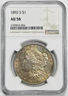 1892 S Morgan Silver Dollar NGC AU-58 Key Date Coin: 1892 S Morgan Silver Dollar NGC AU-58 Key Date Coin This 1892 S Morgan Silver Dollar is a key date coin, certified by NGC with an AU 58 grade, indicating its excellent condition for a circulated piece