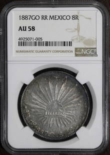 1887 Go RR NGC AU58 Mexico 8 Reales Coin with Rainbow Rim Tone: 1887 Go RR NGC AU58 Mexico 8 Reales Coin with Rainbow Rim Tone This stunning 1887 Go RR 8 Reales coin features a captivating rainbow rim tone, making it a remarkable piece for any collector. Struck du