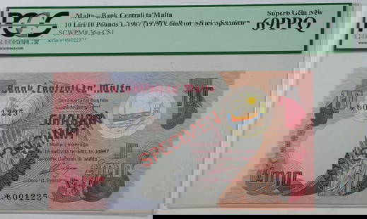 Malta 1979 10 Liri Specimen Banknote PCGS 69 PPQ Uncirculated: Malta 1979 10 Liri Specimen Banknote PCGS 69 PPQ Uncirculated This stunning specimen banknote from Malta features a face value of 10 Liri, issued in 1979. Graded PCGS 69 PPQ, this note is classified a