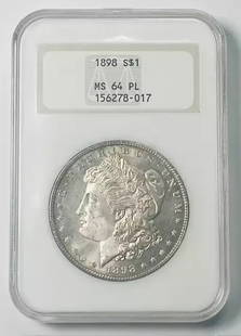 1898 Morgan Silver Dollar NGC MS 64 Uncirculated Silver Coin: 1898 Morgan Silver Dollar NGC MS 64 Uncirculated Silver Coin This 1898 Morgan Silver Dollar boasts a stunning uncirculated grade of MS 64, certified by NGC. Made of silver, this coin represents a sign