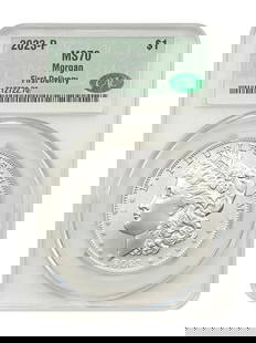 2023-P Morgan Dollar CACG MS70 First Delivery Uncirculated Coin: 2023-P Morgan Dollar CACG MS70 First Delivery Uncirculated Coin Presenting the 2023-P $1 Morgan Dollar, certified by CACG with a perfect grade of MS70. This uncirculated coin features a striking moder
