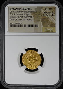 Byzantine Solidus Constantine VII Romanus I 920-921 AD NGC Ch XF: Byzantine Solidus Constantine VII Romanus I 920-921 AD NGC Ch XF This stunning Byzantine solidus features the emperors Constantine VII and Romanus I, minted between 920-921 AD. Weighing 4.45g, this co