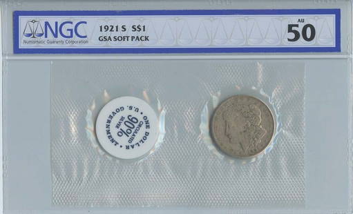 1921-S Morgan Dollar NGC AU50 GSA Soft Pack San Francisco: 1921-S Morgan Dollar NGC AU50 GSA Soft Pack San Francisco This 1921-S Morgan Dollar is a beautiful example of classic American coinage, showcasing its rich history and intricate design. Graded AU50 by