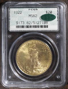 1922 St Gauden's Gold Double Eagle $20 MS62 CAC Rare Holder: 1922 St Gauden's Gold Double Eagle $20 MS62 CAC Rare Holder This stunning 1922 St. Gauden's Gold Double Eagle is a remarkable piece of numismatic history, featuring a denomination of $20. Struck in go