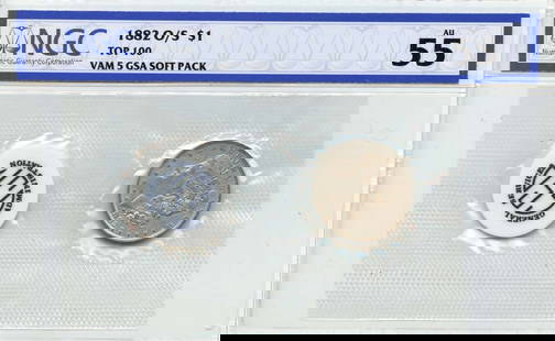 1882-O O Over S Morgan Dollar NGC AU55 GSA Soft Pack: 1882-O O Over S Morgan Dollar NGC AU55 GSA Soft Pack This 1882-O O Over S Morgan Dollar is a highly sought-after collectible, graded AU55 by NGC, showcasing its excellent condition despite being circu