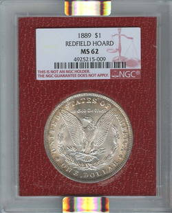 1889 Morgan Dollar NGC MS62 Redfield Collection Coin: 1889 Morgan Dollar NGC MS62 Redfield Collection Coin This 1889 Morgan Dollar is graded MS62 by NGC, indicating it is in Uncirculated condition. Minted in Philadelphia, this coin is part of the renowne