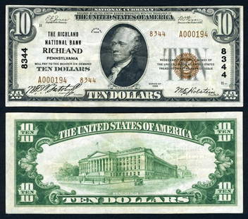1929 T-2 $10 National Bank Note Richland PA Ch #8344 Extra Fine: 1929 T-2 $10 National Bank Note Richland PA Ch #8344 Extra Fine This $10 National Bank Note from Richland, PA, is a notable piece from the 1929 T-2 series. Graded as Extra Fine, it showcases the chara