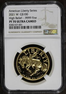 2021-W $100 Gold Proof American Liberty High Relief NGC PR70 Coin: 2021-W $100 Gold Proof American Liberty High Relief NGC PR70 Coin This stunning 2021-W $100 Gold Proof American Liberty coin features a remarkable high relief design, showcasing the iconic Mustang. Cr
