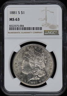 1881-S Morgan Dollar S$1 NGC MS63 Uncirculated San Francisco: 1881-S Morgan Dollar S$1 NGC MS63 Uncirculated San Francisco This 1881-S Morgan Dollar is a stunning piece certified by NGC with a grade of MS63, indicating it is in uncirculated condition. Minted in