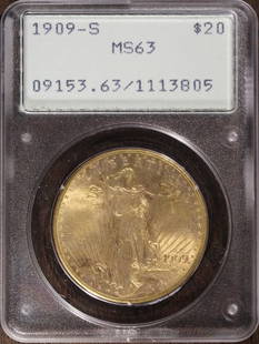 1909-S Saint Gaudens Gold Double Eagle $20 MS63 PCGS Rattler: 1909-S Saint Gaudens Gold Double Eagle $20 MS63 PCGS Rattler This stunning 1909-S Saint Gaudens Gold Double Eagle features a remarkable luster and is graded MS 63 by PCGS, ensuring its quality and app