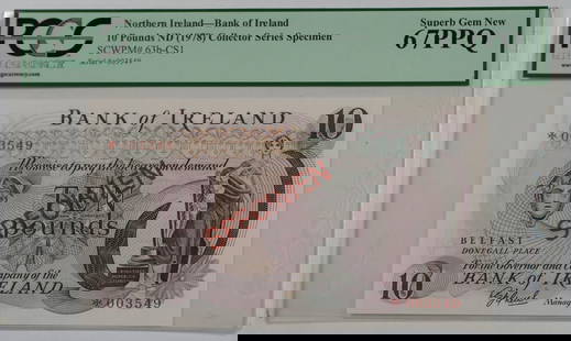 1978 Northern Ireland 10 Pound Specimen Banknote PCGS 67 EPQ PPQ Gem: 1978 Northern Ireland 10 Pound Specimen Banknote PCGS 67 EPQ PPQ Gem This stunning 1978 Northern Ireland 10 Pound Specimen banknote is a remarkable addition for collectors. Graded by PCGS Currency as