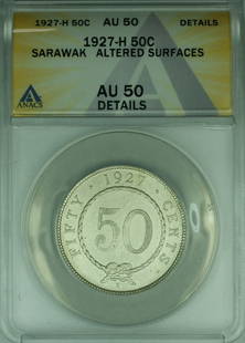 1927-H Sarawak 50 Cent Silver Coin ANACS AU 50 KM 19: 1927-H Sarawak 50 Cent Silver Coin ANACS AU 50 KM 19 This 1927-H Sarawak 50 Cent Silver Coin features a denomination of 50 cents and is composed of silver. It has been certified by ANACS with a grade