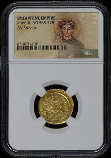 Byzantine Empire Justin II AV Solidus NGC Certified Coin 565-578: Byzantine Empire Justin II AV Solidus NGC Certified Coin 565-578 This exquisite gold solidus from the Byzantine Empire, minted during the reign of Justin II (AD 565-578), showcases the intricate artis