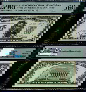 1950 $5 Federal Reserve Note Richmond E-A Block PMG CU66 Gem: 1950 $5 Federal Reserve Note Richmond E-A Block PMG CU66 Gem This is a 1950 Federal Reserve Note, denomination $5, from the Richmond district, designated with the E-A block. It is rated as Gem CU66 by