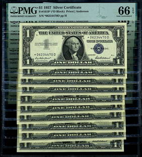1957 $1 Silver Certificate D Block PMG CU66 EPQ Gem Note: 1957 $1 Silver Certificate D Block PMG CU66 EPQ Gem Note This 1957 $1 Silver Certificate is graded CU66 EPQ Gem by PMG, indicating its exceptional quality. It features the distinctive D Block designat