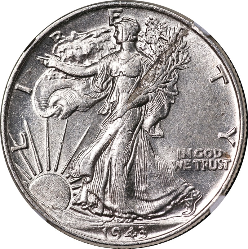 1943-P Walking Liberty Half NGC AU58 Obverse Lamination Error Coin: 1943-P Walking Liberty Half NGC AU58 Obverse Lamination Error Coin This 1943-P Walking Liberty Half showcases a notable mint error with an obverse lamination, certified by NGC with a grade of AU58. Th