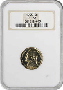 1955 Jefferson Nickel DDR 8-O-II PR68 NGC Proof Coin: 1955 Jefferson Nickel DDR 8-O-II PR68 NGC Proof Coin This exquisite 1955 Jefferson Nickel showcases a stunning proof strike with an uncirculated grade of PR68, certified by NGC. Crafted in Philadelphi