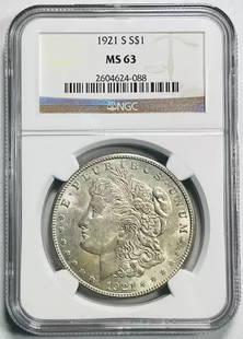 1921 S Morgan Silver Dollar NGC MS63 Uncirculated Silver Coin: 1921 S Morgan Silver Dollar NGC MS63 Uncirculated Silver Coin This 1921 S Morgan Silver Dollar is graded MS-63 by NGC, indicating it is in uncirculated condition. Minted in San Francisco, this coin sh